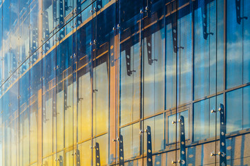 Glass Curtain Facade Wall. Fasteners Elements of Spider Glass System. Facade Detail. Architecture Abstract Background.