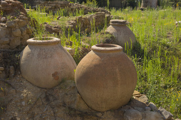 Excavation of the civilization of the ancient Greeks. Winery in ancient fortress in Byala. Wine warehouses 5th century. Pithos.