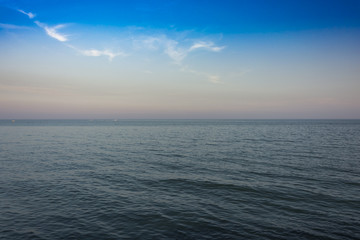 Sea view with waves. Exact horizontal horizon. Blue sea level.
