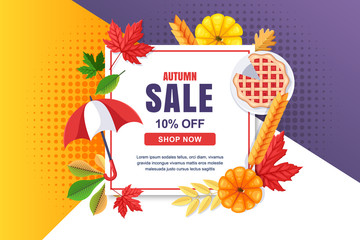 Autumn seasonal sale vector banner, poster template. White frame background with fall harvest, accessories and leaves