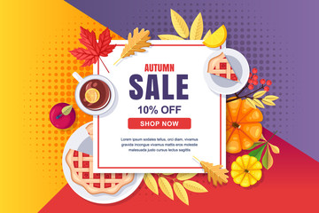 Autumn seasonal sale vector banner, poster template. White frame background with fall harvest, accessories and leaves
