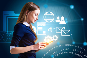 Smiling woman with smartphone, nework icons