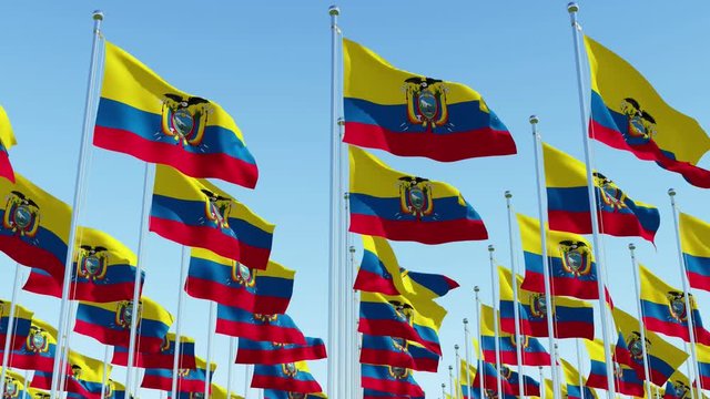 Many flags of Ecuador fluttering in the wind on flag poles in a row against blue sky. Three dimensional rendering animation.