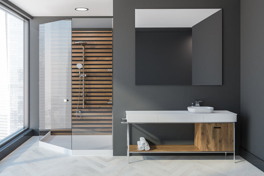 Gray Scandinavian bathroom, sink and shower