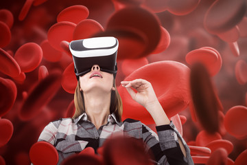 Woman in VR glasses, red eritrosit background
