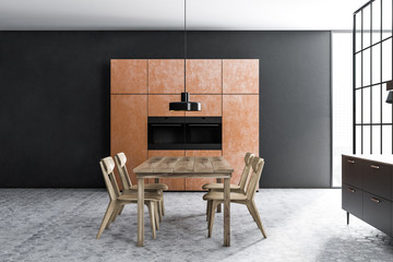 Black and brown dining room and kitchen