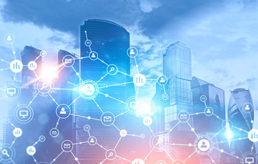 Glowing global network icons over blue city