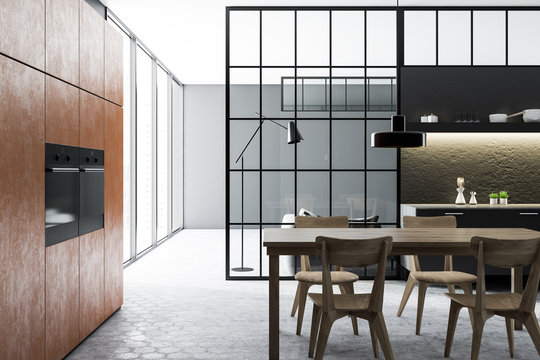 Black kitchen and dining room interior