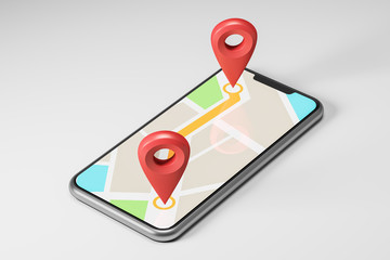 Abstract map with red destination marks smartphone