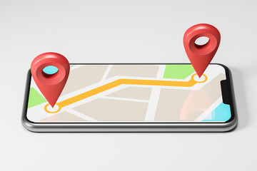 Two red pointers on map on smartphone screen