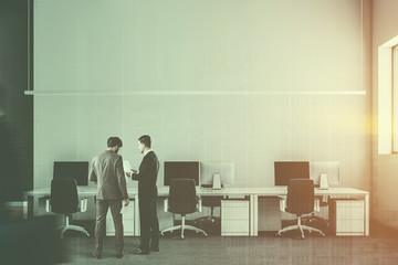 Gray industrial startup office, mock up, people