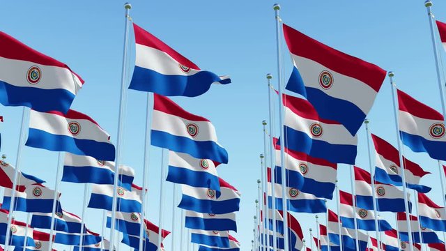 Many flags of Paraguay fluttering in the wind on flag poles in a row against blue sky.  Three dimensional rendering animation.