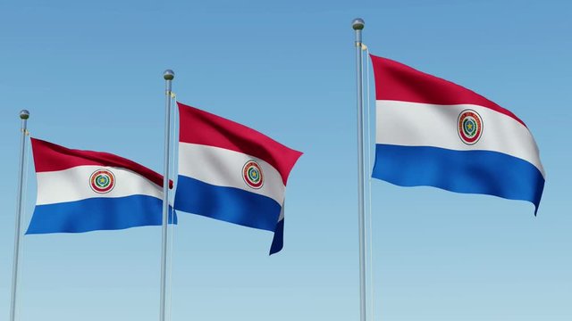 Three Flags of Paraguay blowing in the wind against blue sky. Three dimensional rendering animation.