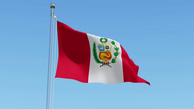 3d flag of Peru waving in the wind against blue sky. Three dimensional rendering animation.