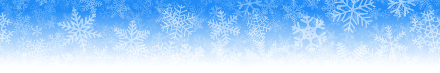 Fototapeta na wymiar Christmas horizontal seamless banner of many layers of snowflakes of different shapes, sizes and transparency. On gradient background from light blue to white.