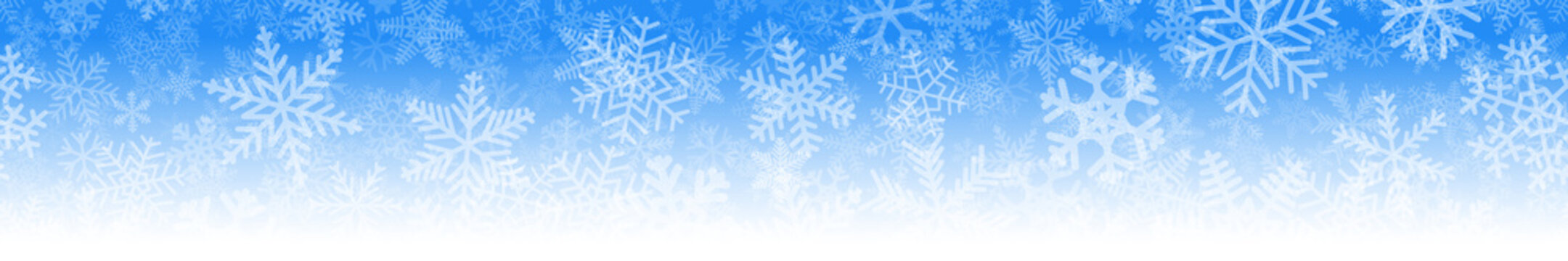 Christmas horizontal seamless banner of many layers of snowflakes of different shapes, sizes and transparency. On gradient background from light blue to white.