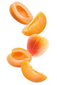 falling peaches slices isolated on a white background