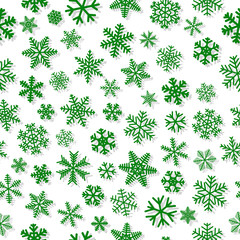 Christmas seamless pattern of snowflakes, green on white background