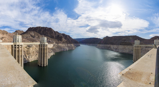 Giant Hoover Dam on Colorado River at Nevada-Arizona stateline 