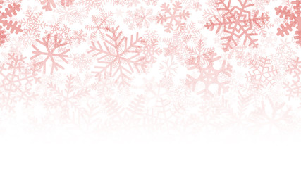 Christmas background of many layers of snowflakes of different shapes, sizes and transparency. Gradient from red to white