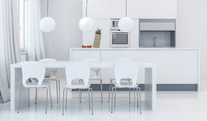 Modern dining room with kitchen in background