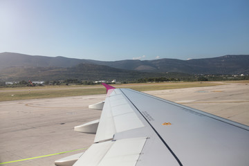 Aircraft landing. Airplane on the landing strip