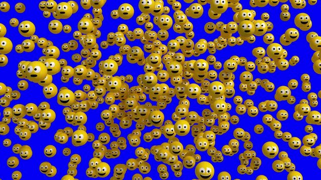 4K. 3D Face Icon Explosion. Emoji Appear With Frightened Faces, Look Around, Calm Down And Smile. Blue Screen. 3D Animation.