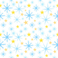 Joyful nice winter christmas seamless pattern with snowflakes  and stars. Vector. Suitable for new year wrapping paper for presents etc