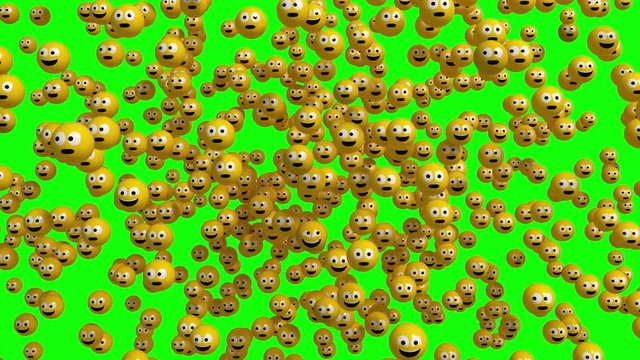 4K. 3D Face Icon Explosion. Emoji Appear With Frightened Faces, Look Around, Calm Down And Smile. Green Screen. 3D Animation.