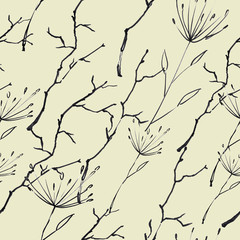 Background of stems, grass, branches and flowers. Seamless pattern. 