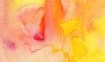 Bright, colorful, creative, splashy water colour painting with orange, yellow, apricot, pink, peach, red, light magenta tint. Hand painted backdrop for modern design, decor, prints, wallpaper. 