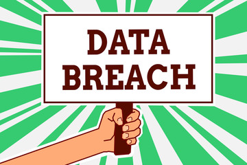 Writing note showing Data Breach. Business photo showcasing security incident where sensitive protected information copied Man hand holding poster important protest message green ray background.