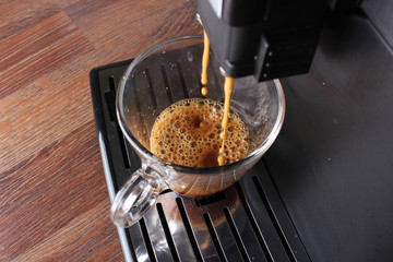 coffee glass espresso coffee machine wooden background