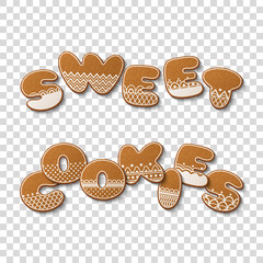 Sweet cookies inscription made of gingerbread cookies with icing on transparent background. Vector Illustration