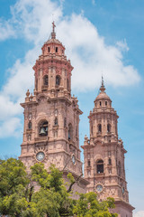 Towers of the Colonial Cathedral of Morelia in Michoacan, Mexico