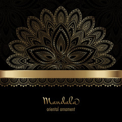 Golden vintage greeting card on a black background. Ethnic mandala pattern. Hand drawn vector illustration