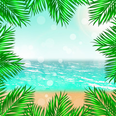 Fototapeta na wymiar Background with palm leaves and sea.