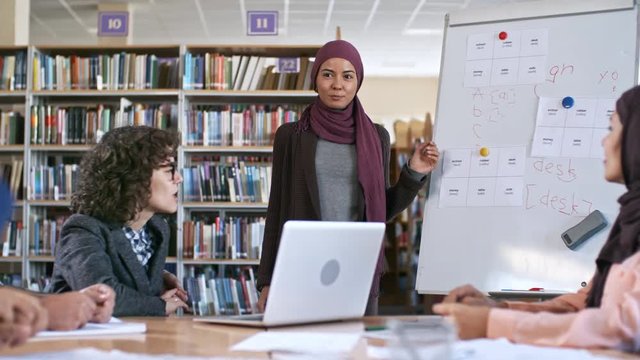 Young muslim woman in hijab standing by flipchart and answering English lesson in front of group of migrant students and female teacher
