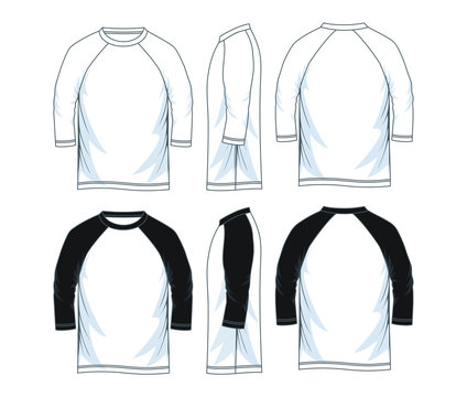 Three Quarter Length Sleeve Raglan Shirts, Front Look Side Back, Vector