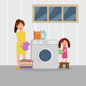 mom and daughter wash together