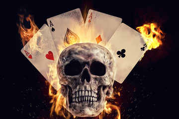 Skull and playing cards in fire on a black background. Photo manipulation artwork, 3D rendering. © michelaubryphoto