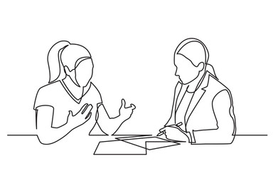 continuous line drawing of two women discussing signing paperworks