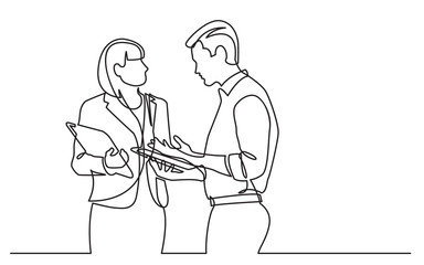 continuous line drawing of woman and man standing talking about work
