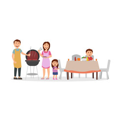 Happy Family BBQ Party Flat Vector Cartoon