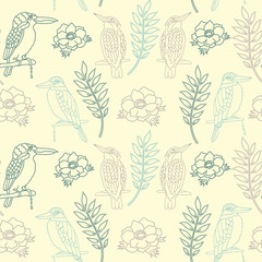 Kingfisher bird outline seamless pattern, vector background