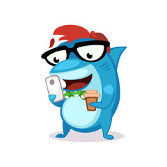Cartoon hipster shark character in glasses and butterfly tie with a phone and coffee