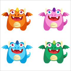 Cute cartoon smiling dragon character with wings and a tail in different colors