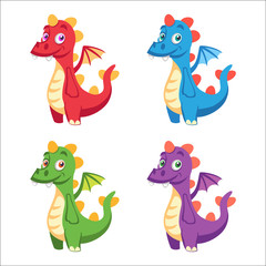Cute cartoon smiling dragon character with wings and a tail in different colors