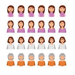 Set of Woman Expressions Child, Teenager, Adult, Old Vector Cartoon