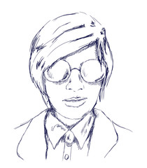 Portrait of a lady in sunglasses. Sketch by pencil